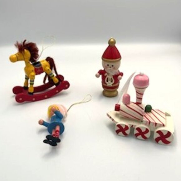 Vtg Wood Christmas Ornaments Hand Painted Santa Train Girl Doll Rocking Horse - Picture 1 of 9